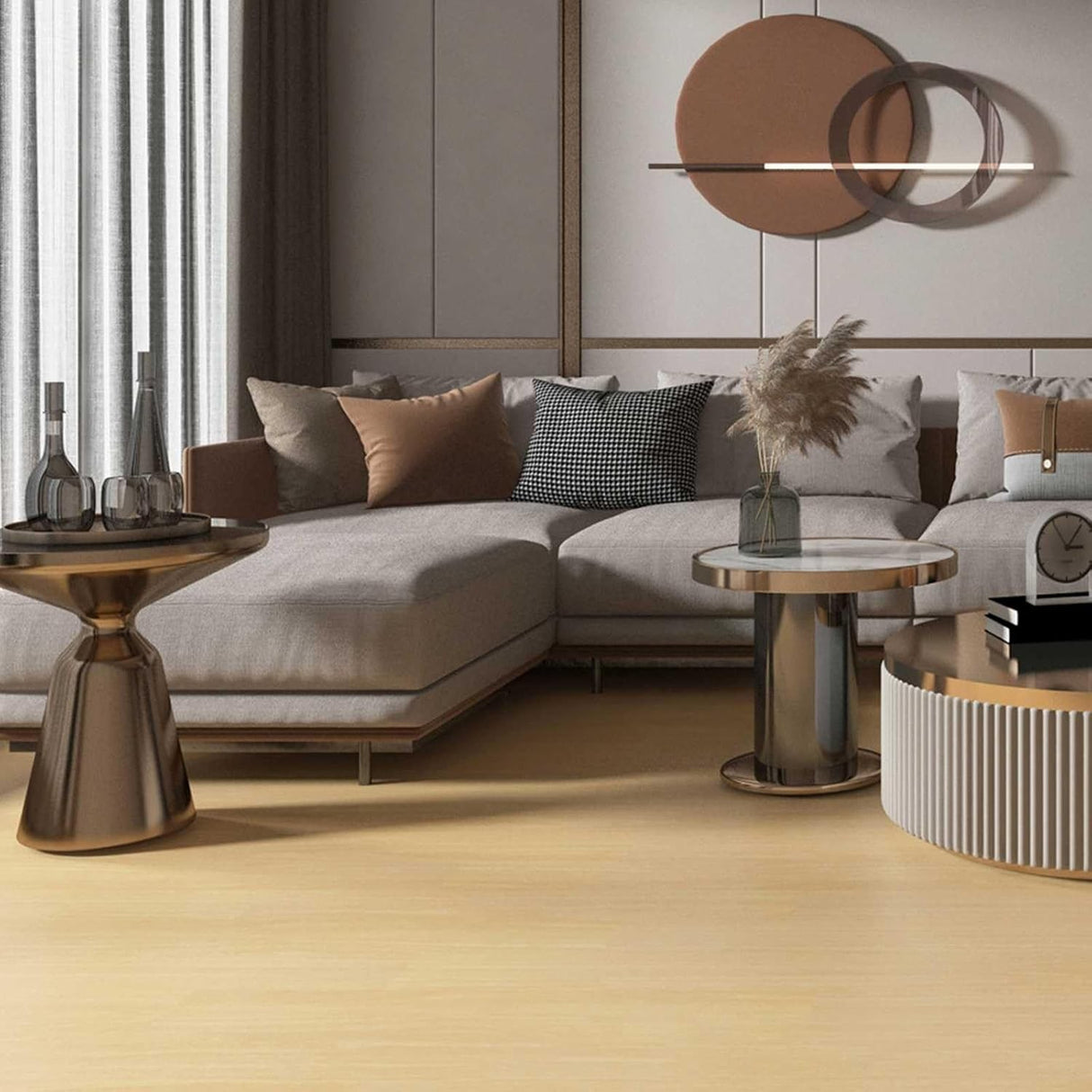 Set 36 Placi Autoadezive pentru Pardoseala, Flippy, din PVC, Impermeabil, Ignifug, Usor de Curatat, Dimensiune Placa 91.44 x 15.24 cm, Grosime 1.5 mm, Acoperire 5 m2, Model 11, Crem - vivimall.ro