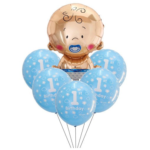 Set baloane pentru fetite, Vivimall, FIRST ANIVERSARY, 5 latex 1 Birthday, 1 balon folie din aluminu baby boy, 71 cm, Albastru - vivimall.ro