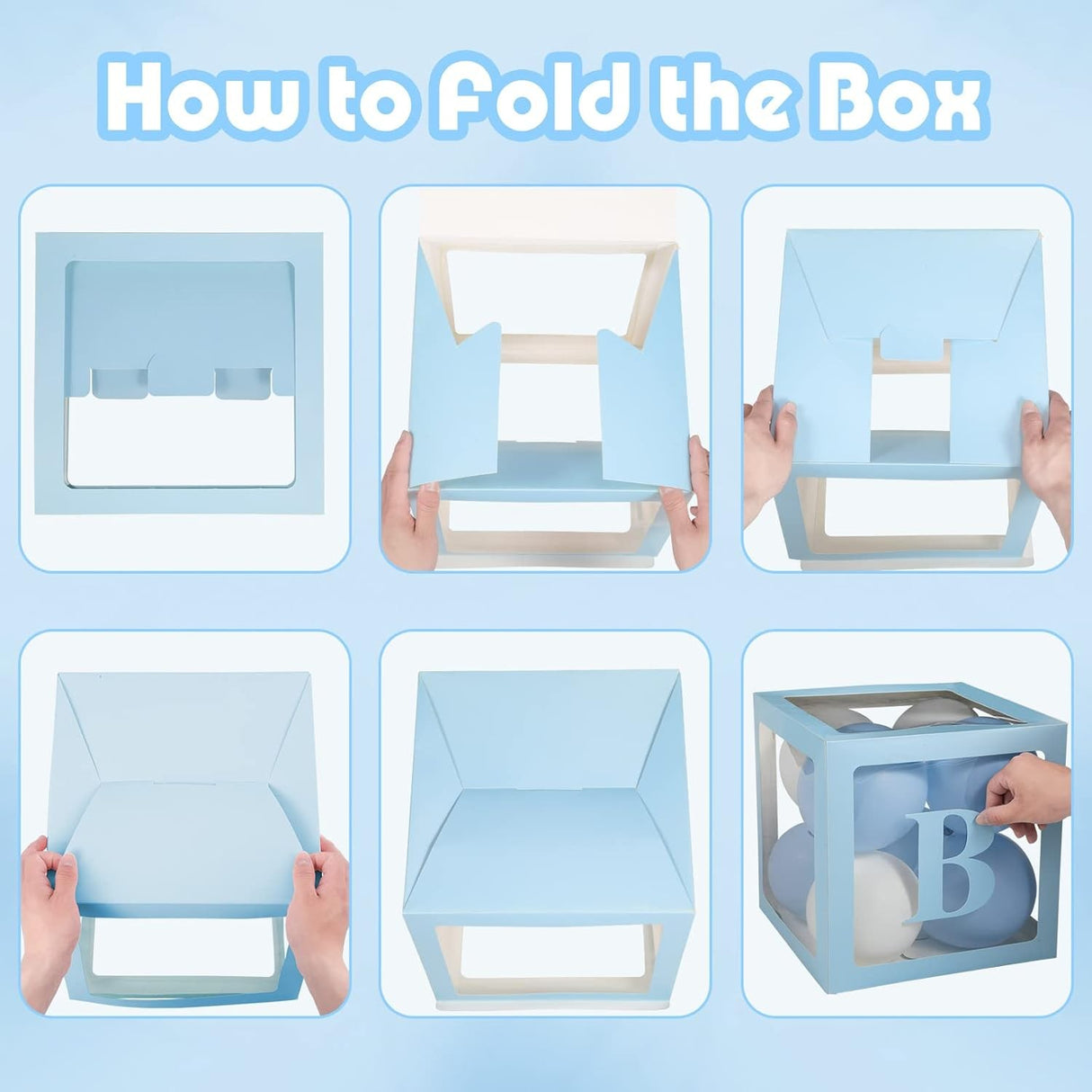 Set 4 Cutii pentru Baloane, Vivimall, Model Scris Baby, Tematica Iubire, Cuburi Decorative din Plastic, Accesorii pentru Petrecere, 30 x30 cm, Transparente Contur Albastru - vivimall.ro