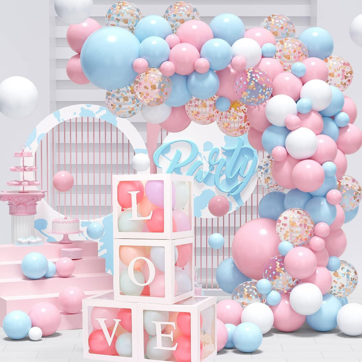 Set 4 Cutii pentru Baloane, Vivimall, Model Scris Love, Tematica Iubire, Cuburi Decorative din Plastic, Accesorii pentru Petrecere, 30 x30 cm, Transparente Contur Alb - vivimall.ro