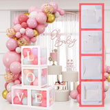 Set 4 Cutii pentru Baloane, Vivimall, Model Scris Love, Tematica Iubire, Cuburi Decorative din Plastic, Accesorii pentru Petrecere, 30 x30 cm, Transparente Contur Alb - vivimall.ro