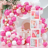 Set 4 Cutii pentru Baloane, Vivimall, Model Scris Love, Tematica Iubire, Cuburi Decorative din Plastic, Accesorii pentru Petrecere, 30 x30 cm, Transparente Contur Alb - vivimall.ro