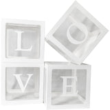 Set 4 Cutii pentru Baloane, Vivimall, Model Scris Love, Tematica Iubire, Cuburi Decorative din Plastic, Accesorii pentru Petrecere, 30 x30 cm, Transparente Contur Alb - vivimall.ro