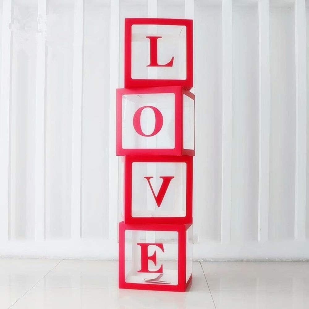 Set 4 Cutii pentru Baloane, Vivimall, Model Scris Love, Tematica Iubire, Cuburi Decorative din Plastic, Accesorii pentru Petrecere, 30x30 cm, Transparente Contur Rosu - vivimall.ro