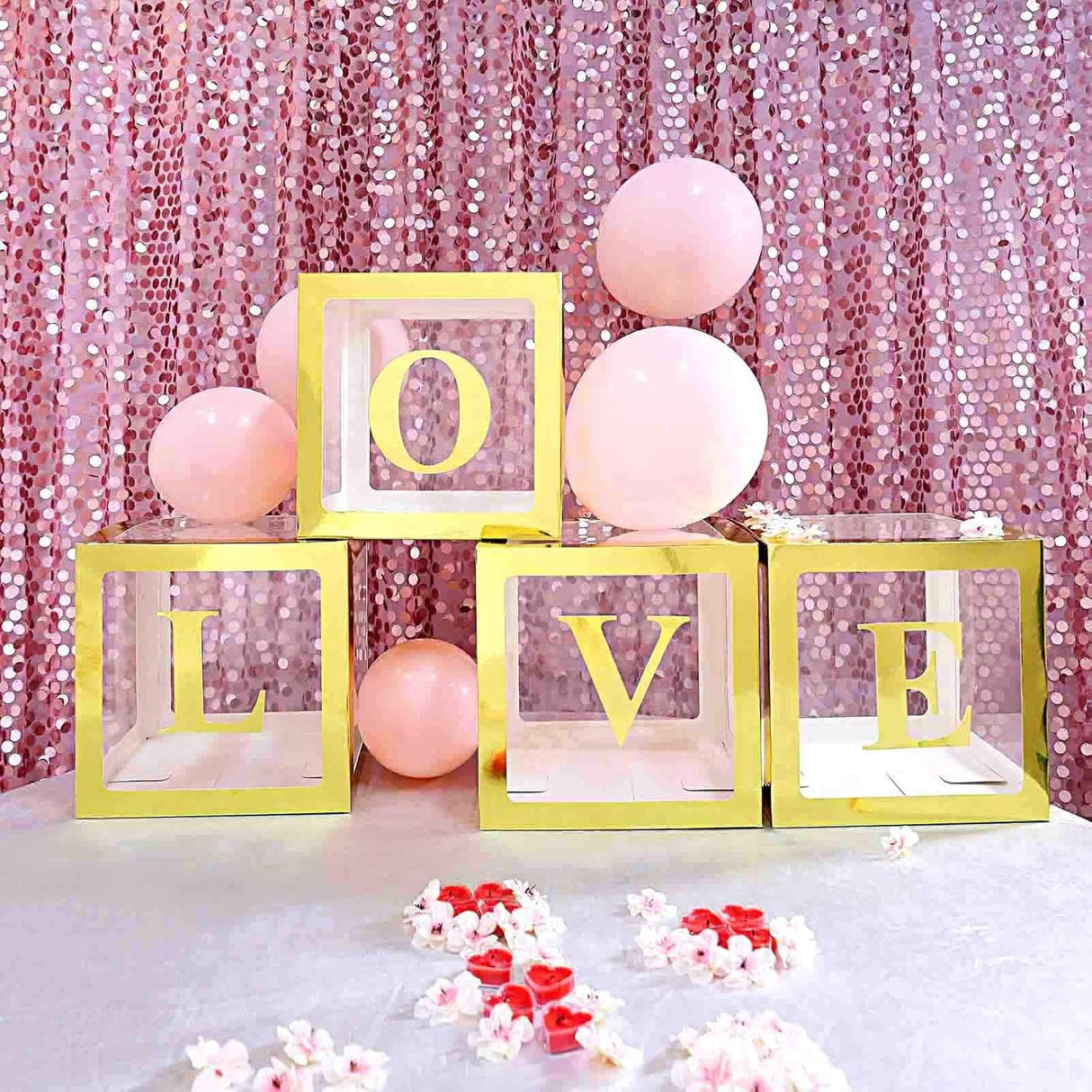 Set 4 Cutii pentru Baloane, Vivimall, Model Simplu, Tematica Aniversare, Cuburi Decorative din Plastic, Accesorii pentru Petrecere, 30 x30 cm, Transparente Contur Auriu - vivimall.ro