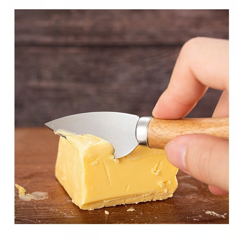 Set 4 cutite pentru branza Vivimall, din otel inoxidabil, maner din lemn de salcam, pentru branza sau unt, 15 x 6.3 x 3 cm, argintiu - vivimall.ro