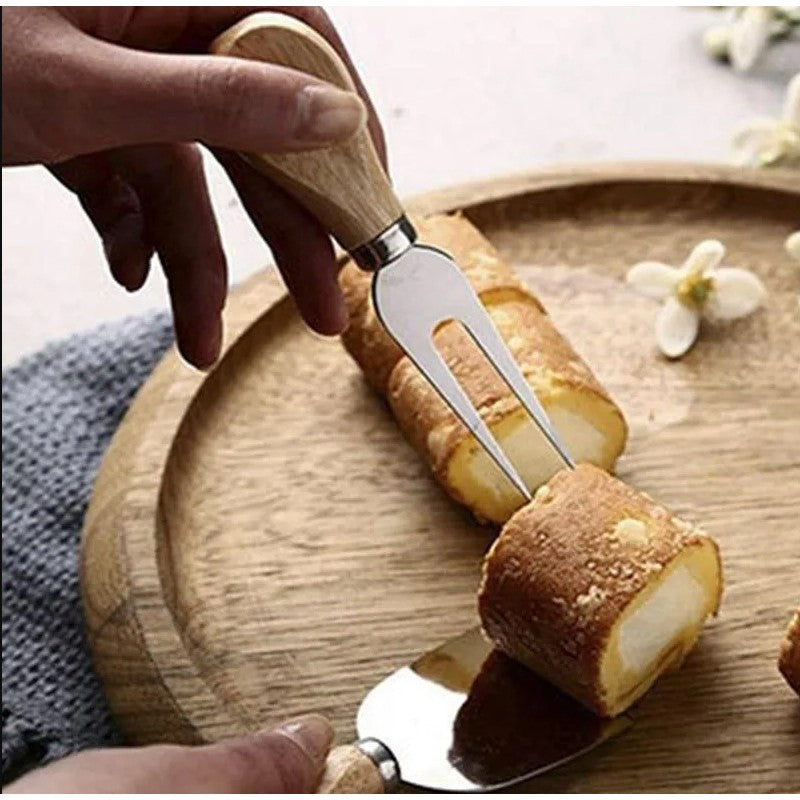 Set 4 cutite pentru branza Vivimall, din otel inoxidabil, maner din lemn de salcam, pentru branza sau unt, 15 x 6.3 x 3 cm, argintiu - vivimall.ro