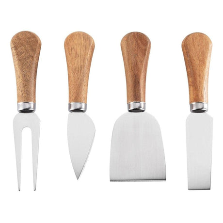 Set 4 cutite pentru branza Vivimall, din otel inoxidabil, maner din lemn de salcam, pentru branza sau unt, 15 x 6.3 x 3 cm, argintiu - vivimall.ro