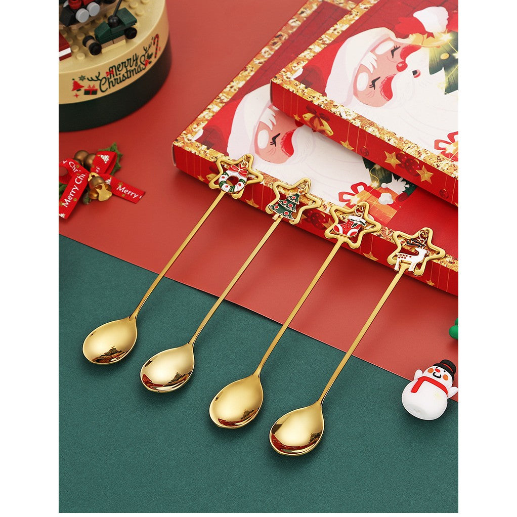 Set 4 Lingurite, Flippy, Tema Craciun, Model Carry The Merry, 4 Modele Tip Pandantiv cu Steluta, din Otel Inoxidabil, 19 x 16 x 2 cm, Multicolor - vivimall.ro
