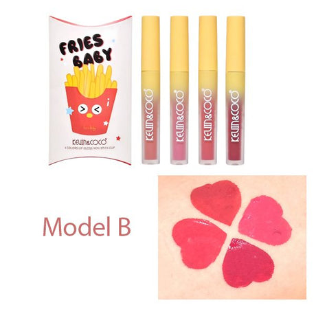 Cele 4 lip gloss-uri Kevin&Coco Fries Baby aranjate în ordine, nuanțe diferite, vedere frontală