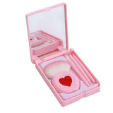 Set 4 Mini Pensule de Machiaj, Flippy, Portabile, in Carcasa cu Oglinda, din Par Sintetic Moale, Roz, Model cu Inima, 12x7x2.5 cm
