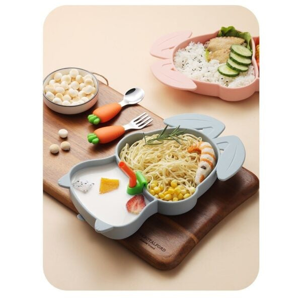 Set 4 Piese Diversificare Bebelusi, Vivimall, din Silicon, Model Iepure si Morcovii, 29 x 18 x 1.5 cm, Fara BPA, Multicolor - vivimall.ro