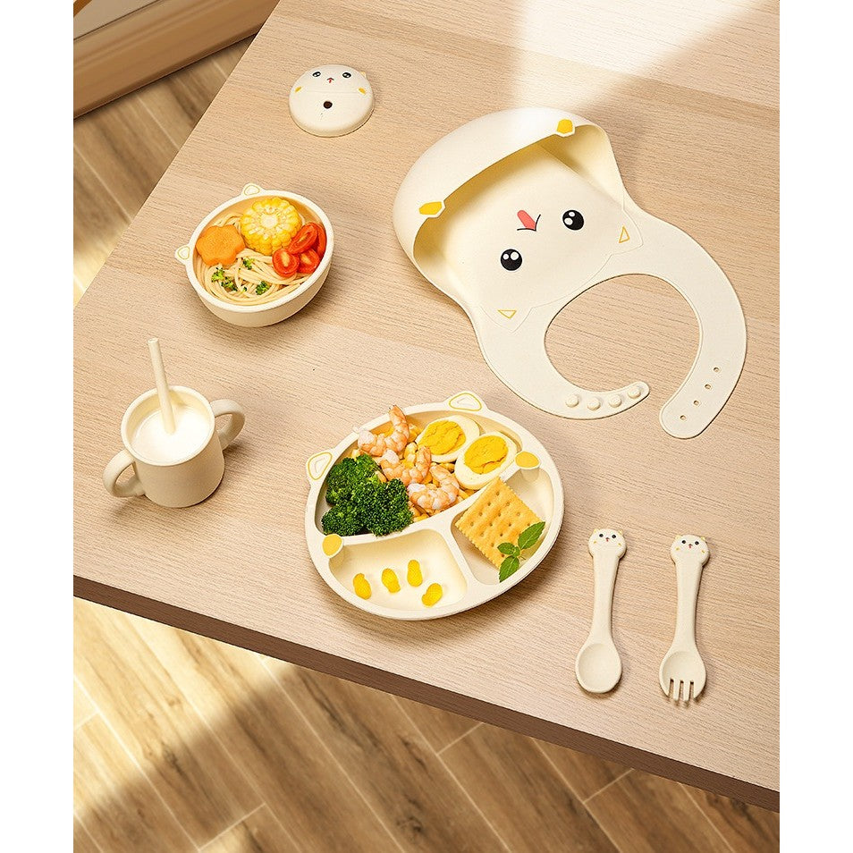 Set 4 Piese Hranire Bebelusi si Copii, Vivimall, din Silicon, fara BPA, de la 12 Luni, Model Pisicuta, 28 x 26 x 2 cm, Bej - vivimall.ro