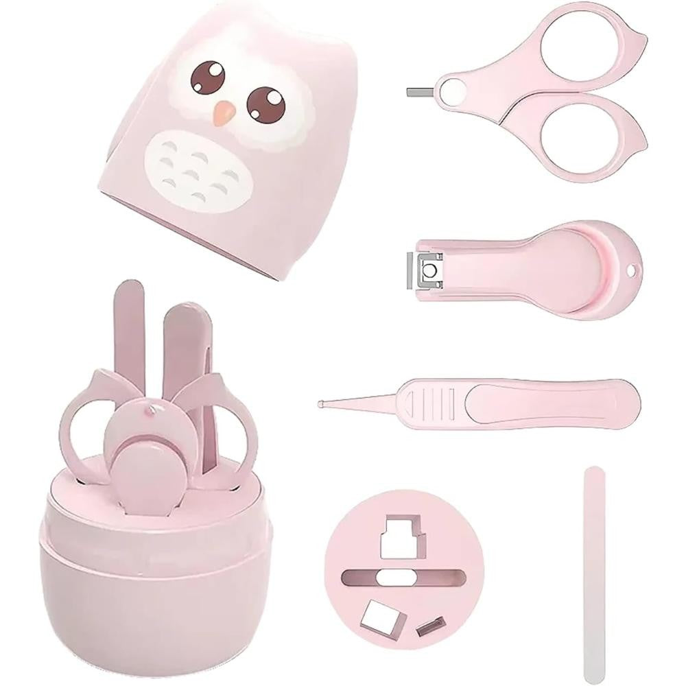 Set 4 Piese Ingrijire Unghii Bebelusi, Vivimall, din ABS+Otel Inoxidabil, Cutie de Depozitare Tip Bufnita, de la 0 Luni, 11.5 x 5 x 11.5 cm, Roz - vivimall.ro