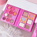Set 4 Produse de Machiaj, KEVIN &amp; COCO, Pink Loving-heart Leopard Girl, 18 culori, 20.5 x 18.2 x 2.2 cm