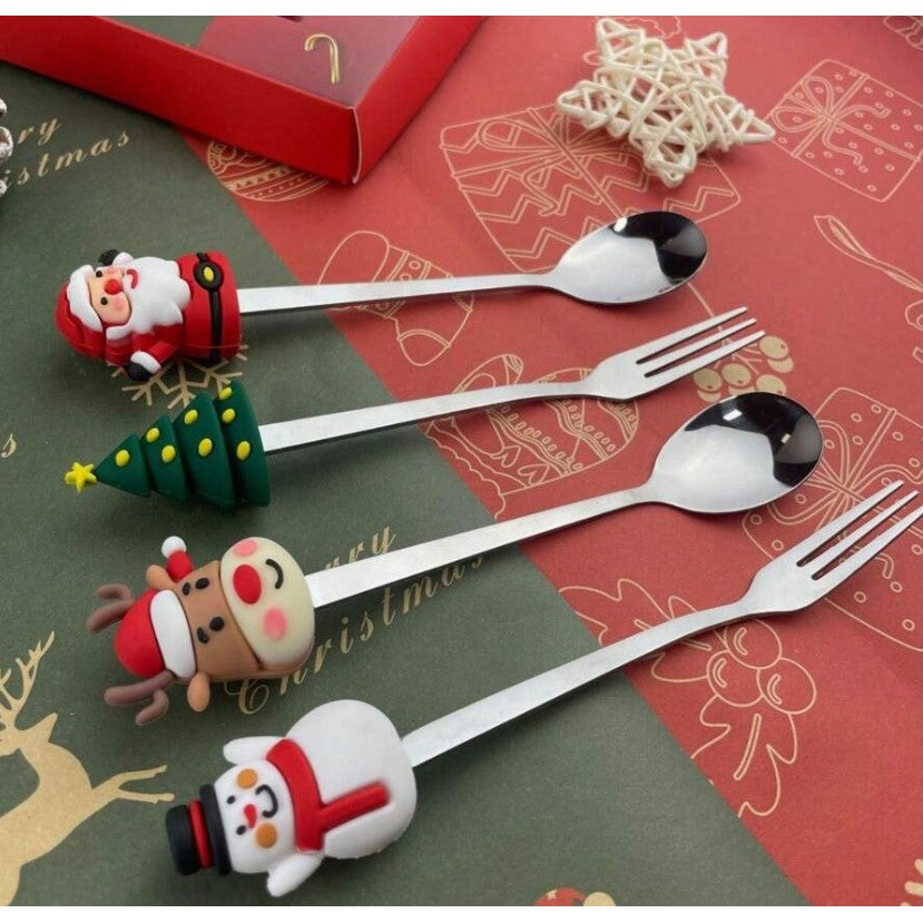 Set 4 Tacamuri, Vivimall, cu Figurine de Craciun, din Otel Inoxidabil, 2 Furculite, 2 Linguri, Cutie Festiva, 13.5 cm, Rosu - vivimall.ro