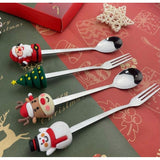 Set 4 Tacamuri, Vivimall, cu Figurine de Craciun, din Otel Inoxidabil, 2 Furculite, 2 Linguri, Cutie Festiva, 13.5 cm, Rosu - vivimall.ro