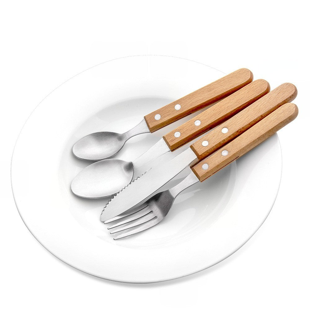 Set 4 Tacamuri Pentru Masa Otel 304, Lingura, Lingurita Desert, Cutit, Furculita, Maner Din Lemn De Fag, 20 X 4 X 2 Cm, Gri - vivimall.ro