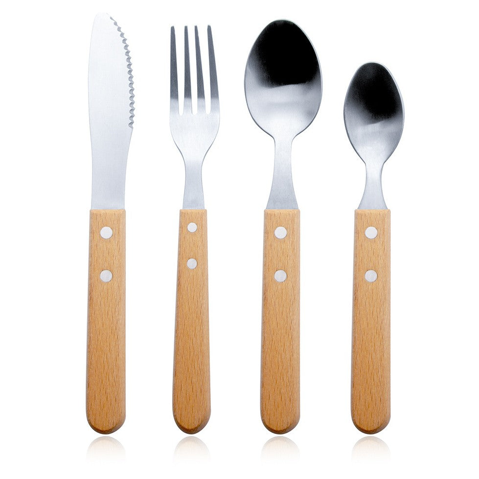 Set 4 tacamuri pentru masa Vivimall, otel 304, lingura, lingurita desert, cutit, furculita, maner din lemn de fag, 20 x 4 x 2 cm, gri - vivimall.ro