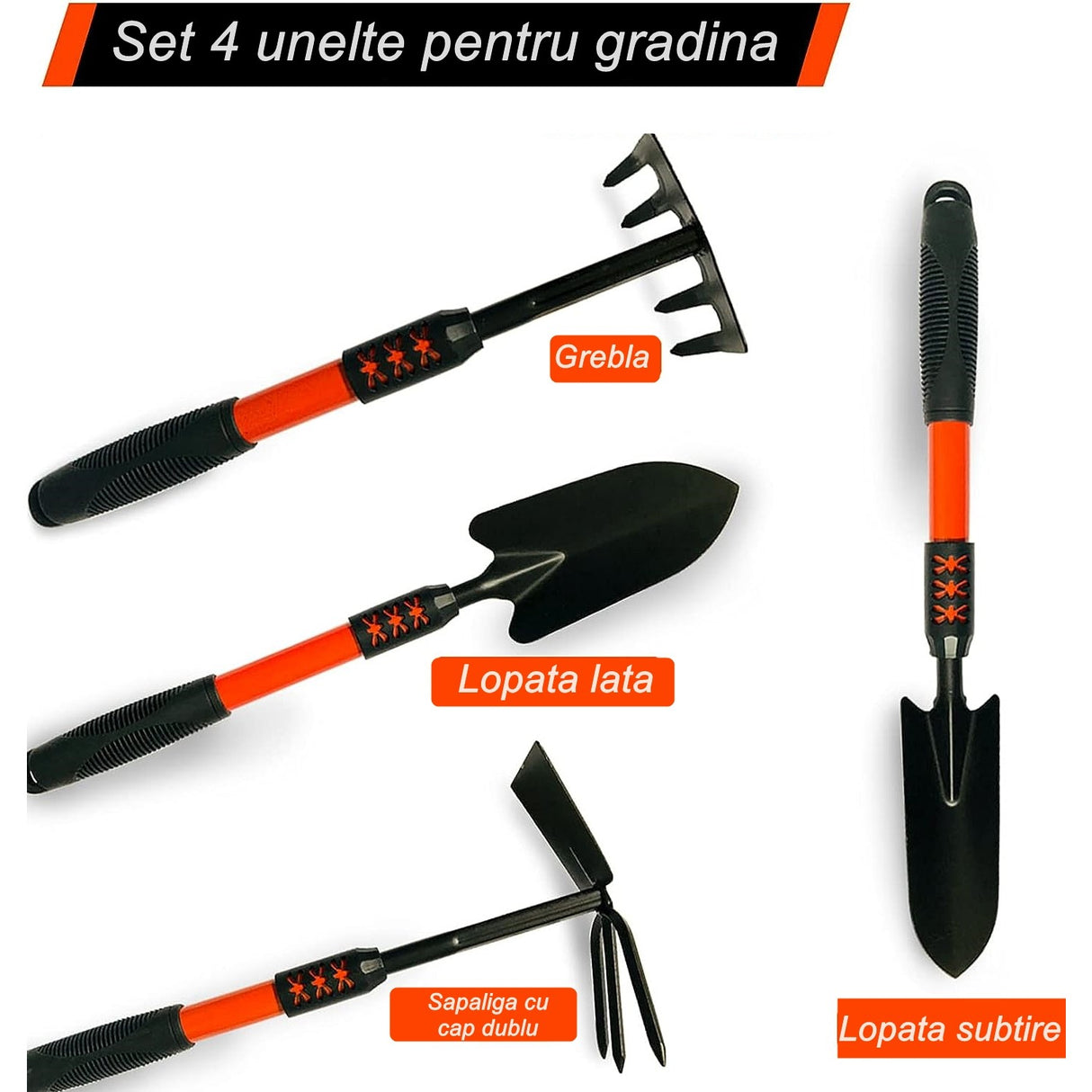 Set 4 Unelte de Gradina Vivimall, Maner extensibil, pentru Plantare Prelucrare Sol si Ingrijire Plante, Material otel carbon, negru - vivimall.ro
