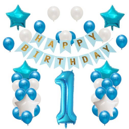 Set Baloane Aniversare HAPPY BIRTHDAY, Vivimall, set din 42 bucati, 1 bucata cifra mare, 4 stele din folie aluminiu, 37 simple din latex, Baby Boy, 60 cm Albastru - vivimall.ro