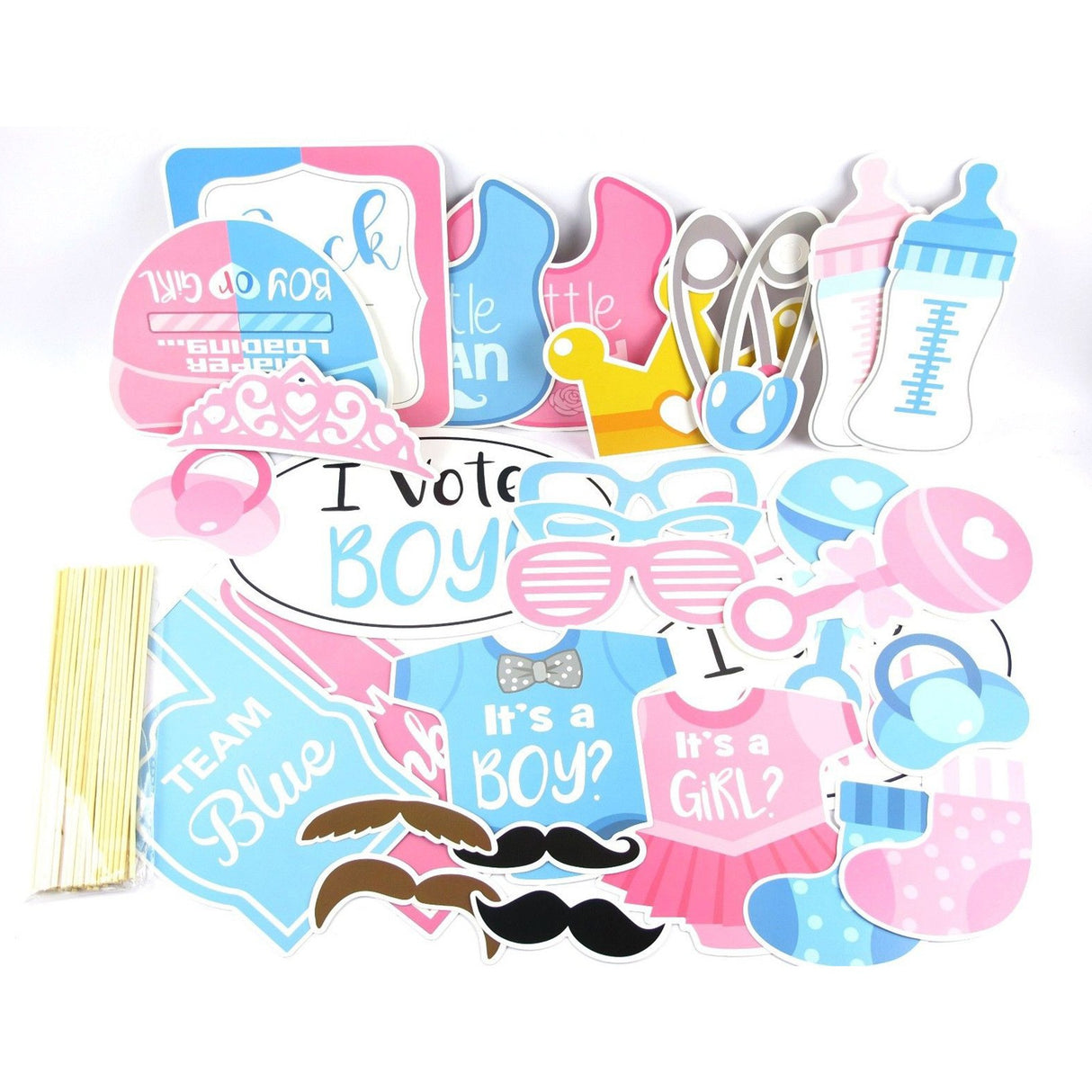 Set 30 de Accesorii pentru Petrecere, Vivimall, Props pentru Coltul de Poze, Gender Reveal, Tematica Baby Shower, Albastru-Roz - vivimall.ro