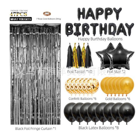 Set 47 baloane, 10 ciucuri, 2 baloane stea folie, 6 baloane latex confetti, 6 baloane galbene latex, 8 baloane negre latex, 1 Perdea Praty Folie, Litere Happy Birthday, Auriu/Negru - vivimall.ro
