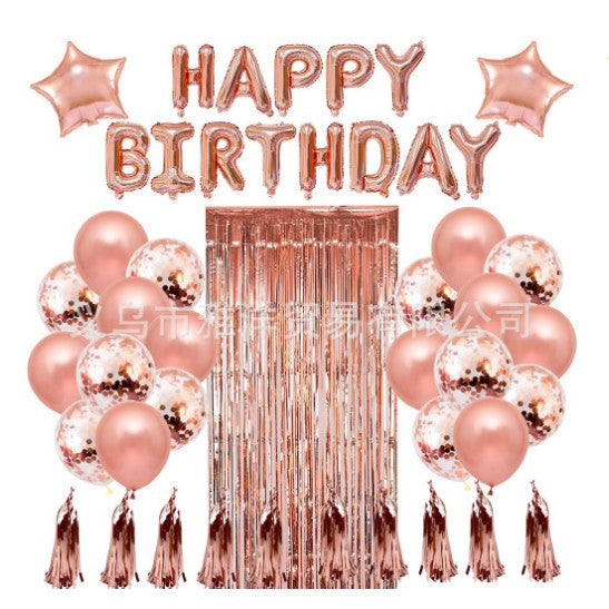 Set 47 baloane, 10 ciucuri, 2 baloane stea folie, 6 baloane latex confetti, 6 baloane galbene latex, 8 baloane negre latex, 1 Perdea Praty Folie, Litere Happy Birthday, Rose - vivimall.ro