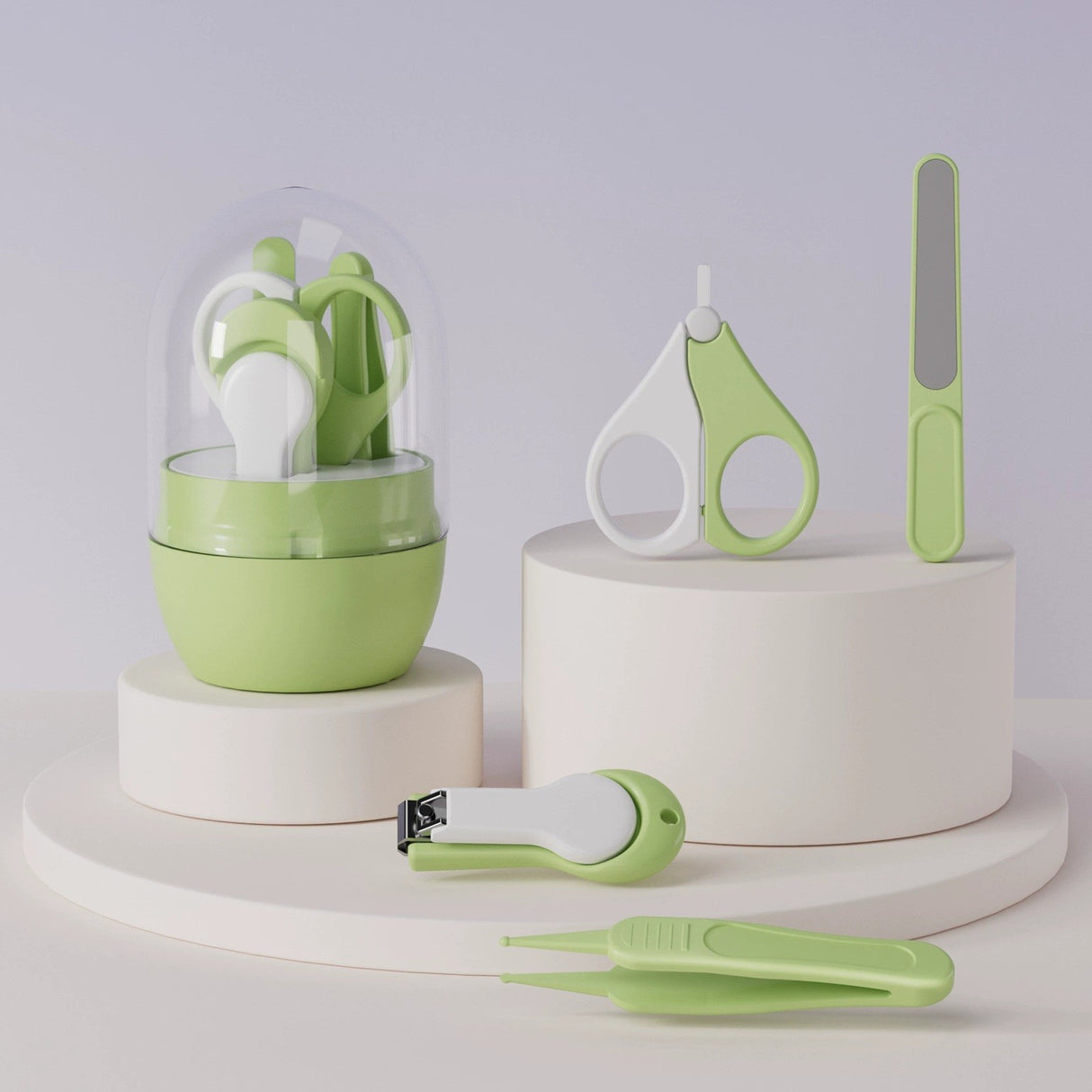 Set 4in1 de Ingrijire Unghii pentru Bebelusi, Vivimall, Cutie de Depozitare Tip Borcan, 0-6 Ani, 10 x 7 x 6 cm, Verde - vivimall.ro
