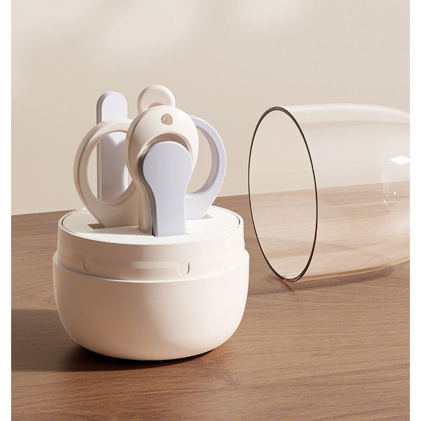 Set 4in1 de Ingrijire Unghii pentru Bebelusi, Vivimall, Cutie de Depozitare Tip Borcan, 0-6 Ani, 10 x 7 x 6 cm, Alb/Gri - vivimall.ro