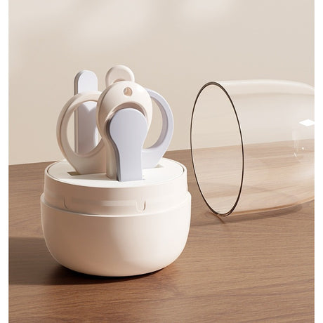 Set 4in1 de Ingrijire Unghii pentru Bebelusi, Vivimall, Cutie de Depozitare Tip Borcan, 0-6 Ani, 10 x 7 x 6 cm, Alb/Gri - vivimall.ro