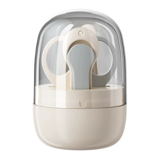 Set 4in1 de Ingrijire Unghii pentru Bebelusi, Vivimall, Cutie de Depozitare Tip Borcan, 0-6 Ani, 10 x 7 x 6 cm, Alb/Gri - vivimall.ro