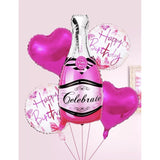 Set 5 Baloane din Folie Metalizata, Vivimall, Figurine Sticla de Sampanie, Model Inimi, Tema Aniversare, Pai Inclus, Ambalaj Individual, Umflare cu Aer sau Heliu, Multicolor - vivimall.ro