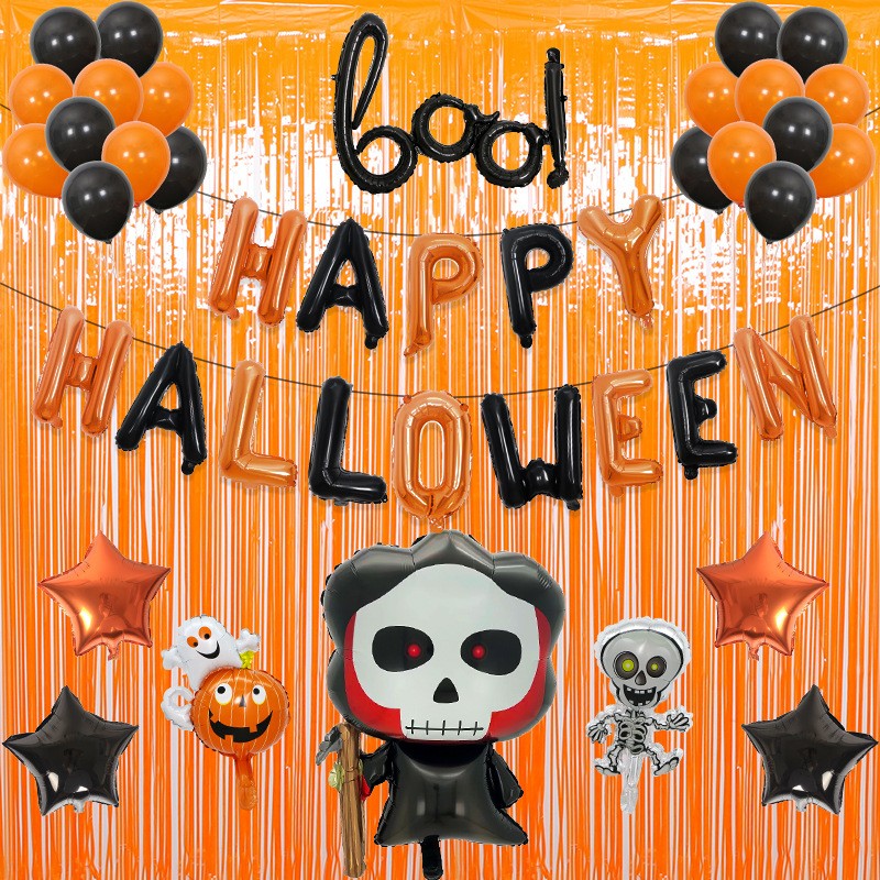 Set 5 Baloane din Folie Metalizata, Vivimall, Figurine, Tema Halloween, Pai Inclus, Ambalaj Individual, Umflare cu Aer sau Heliu, Figurina Craniu 50.5x74 cm, Stelute si Cerculete 45 cm, Alb-Negru - vivimall.ro