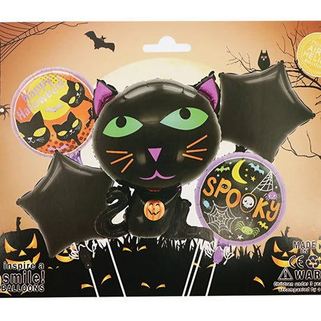 Set 5 Baloane din Folie Metalizata, Vivimall, Figurine, Tema Halloween, Pai Inclus, Ambalaj Individual, Umflare cu Aer sau Heliu, Figurina Pisica 65x49 cm, Stelute si Cerculete 45 cm, Negru - vivimall.ro
