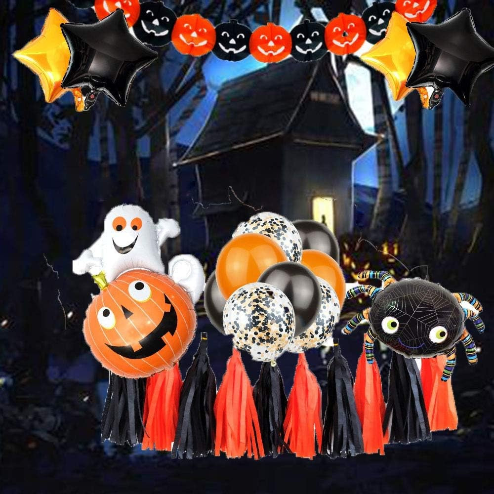 Set 5 Baloane din Folie Metalizata, Vivimall, Figurine, Tema Halloween, Pai Inclus, Ambalaj Individual, Umflare cu Aer sau Heliu, Figurina Dovleac cu Fantoma 64x80 cm, Stelute si Cerculete 45 cm, Multicolor - vivimall.ro
