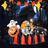 Set 5 Baloane din Folie Metalizata, Vivimall, Figurine, Tema Halloween, Pai Inclus, Ambalaj Individual, Umflare cu Aer sau Heliu, Figurina Dovleac cu Fantoma 64x80 cm, Stelute si Cerculete 45 cm, Multicolor - vivimall.ro