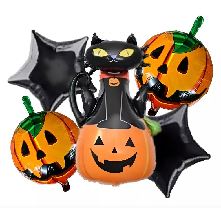Set 5 Baloane din Folie Metalizata, Vivimall, Figurine, Tema Halloween, Pai Inclus, Ambalaj Individual, Umflare cu Aer sau Heliu, Figurina Dovleac si Pisica 90x60 cm, Stelute si Cerculete 45 cm, Portocaliu-Negru - vivimall.ro