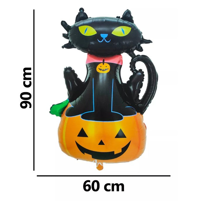 Set 5 Baloane din Folie Metalizata, Vivimall, Figurine, Tema Halloween, Pai Inclus, Ambalaj Individual, Umflare cu Aer sau Heliu, Figurina Dovleac si Pisica 90x60 cm, Stelute si Cerculete 45 cm, Portocaliu-Negru - vivimall.ro