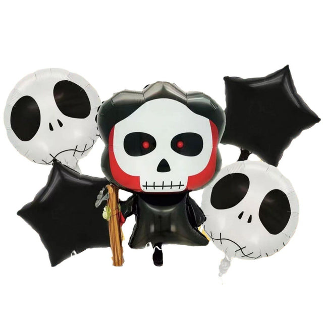 Set 5 Baloane din Folie Metalizata, Vivimall, Figurine, Tema Halloween, Pai Inclus, Ambalaj Individual, Umflare cu Aer sau Heliu, Figurina Craniu 50.5x74 cm, Stelute si Cerculete 45 cm, Alb-Negru - vivimall.ro
