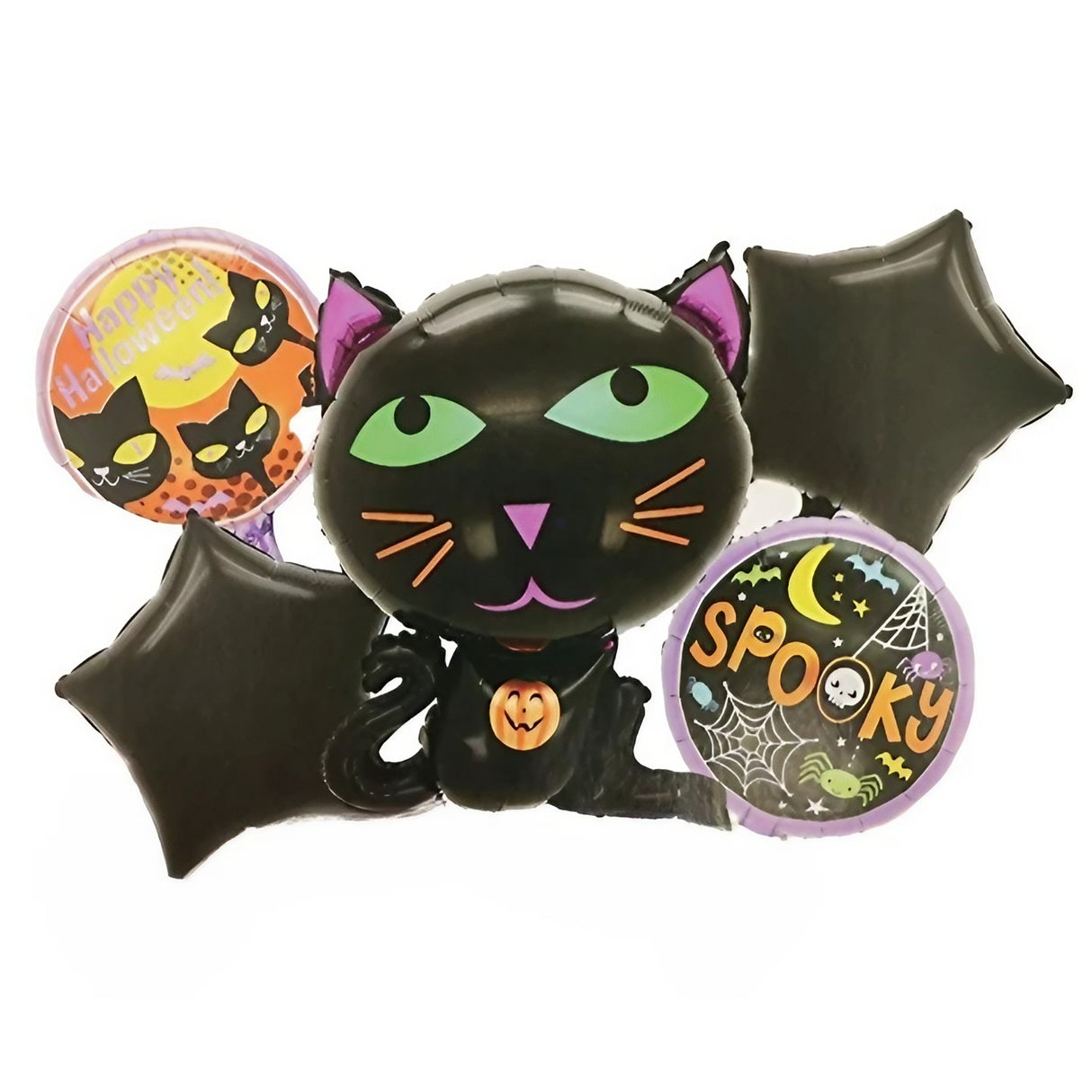 Set 5 Baloane din Folie Metalizata, Vivimall, Figurine, Tema Halloween, Pai Inclus, Ambalaj Individual, Umflare cu Aer sau Heliu, Figurina Pisica 65x49 cm, Stelute si Cerculete 45 cm, Negru - vivimall.ro