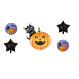 Set 5 Baloane din Folie Metalizata, Vivimall, Figurine, Tema Halloween, Pai Inclus, Ambalaj Individual, Umflare cu Aer sau Heliu, Figurina Dovleac si Pisica 84x69 cm, Stelute si Cerculete 45 cm, Multicolor - vivimall.ro
