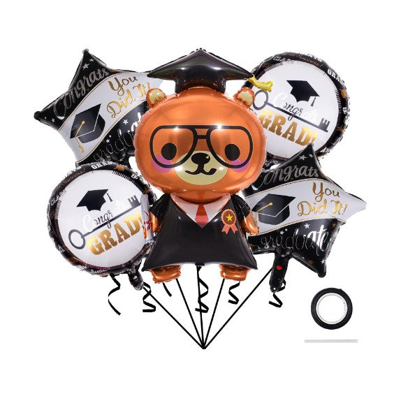 Baloane cu tematica Absolvire, Vivimall, set din 5 baloane, 1 Figurina Ursulet, 2 stele, 2 rotunde, din folie de aluminiu, 70 x 40 cm, Aer si Heliu, Alb Negru - vivimall.ro