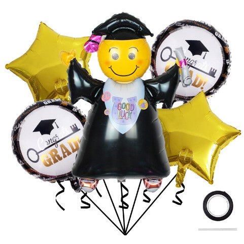 Baloane cu tematica Absolvire, Vivimall, set din 5 baloane, 1 Figurina Absolventa, 2 stele, 2 rotunde, din folie de aluminiu, 70 x 40 cm, Aer si Heliu, Auriu Negru - vivimall.ro