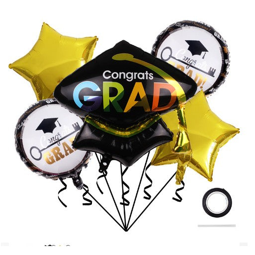 Baloane cu tematica Absolvire, Vivimall, set din 5 baloane, 1 Figurina Toca, 2 stele, 2 rotunde, din folie de aluminiu, 70 x 40 cm, Aer si Heliu, Auriu Negru - vivimall.ro