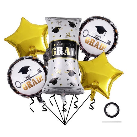 Baloane cu tematica Absolvire, Vivimall, set din 5 baloane, 1 Figurina Diploma, 2 stele, 2 rotunde, din folie de aluminiu, 70 x 40 cm, Aer si Heliu, Auriu Negru - vivimall.ro