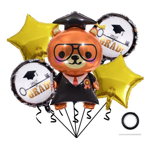 Baloane cu tematica Absolvire, Vivimall, set din 5 baloane, 1 Figurina Ursulet, 2 stele, 2 rotunde, din folie de aluminiu, 70 x 40 cm, Aer si Heliu, Auriu Negru - vivimall.ro