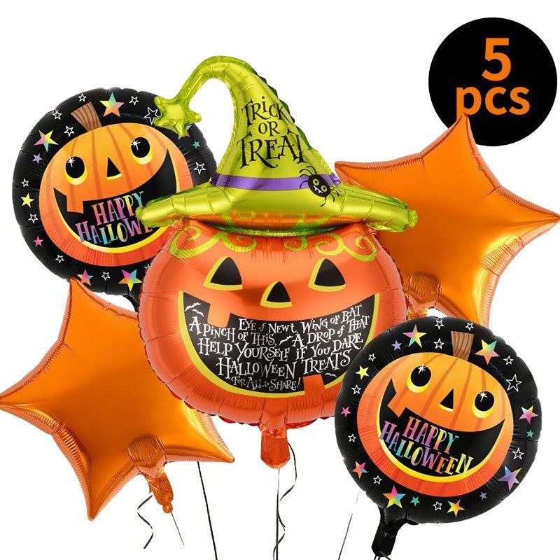 Set 5 Baloane din Folie Metalizata, Vivimall, Figurine, Tema Halloween, Pai Inclus, Ambalaj Individual, Umflare cu Aer sau Heliu, Figurina Dovleac 54x87 cm, Stelute si Cerculete 45 cm, Multicolor - vivimall.ro