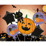 Set 5 Baloane din Folie Metalizata, Vivimall, Figurine, Tema Halloween, Pai Inclus, Ambalaj Individual, Umflare cu Aer sau Heliu, Figurina Dovleac si Pisica 84x69 cm, Stelute si Cerculete 45 cm, Multicolor - vivimall.ro
