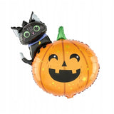 Set 5 Baloane din Folie Metalizata, Vivimall, Figurine, Tema Halloween, Pai Inclus, Ambalaj Individual, Umflare cu Aer sau Heliu, Figurina Dovleac si Pisica 84x69 cm, Stelute si Cerculete 45 cm, Multicolor - vivimall.ro